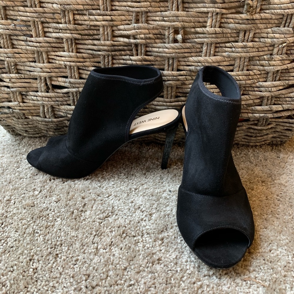 Black Suede Nine West Open Toe Heeled Booties